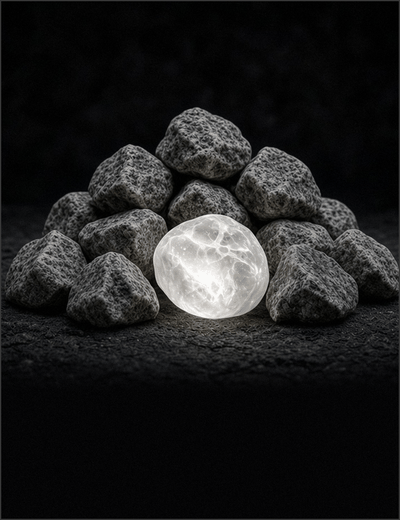 A heap of grey stones with one glowing white pebble at the front, on dark ground