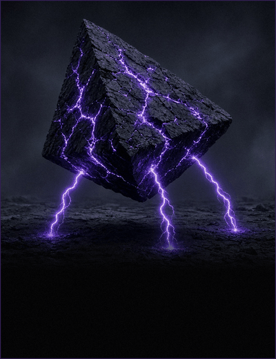 A tilted black stone cube veined with violet lightning that strikes the ground below