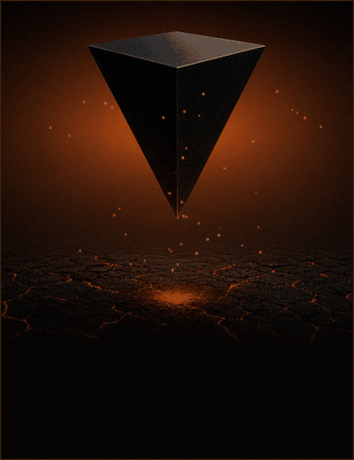 A smooth black inverted pyramid floating above cracked ground, with orange sparks and a molten glow