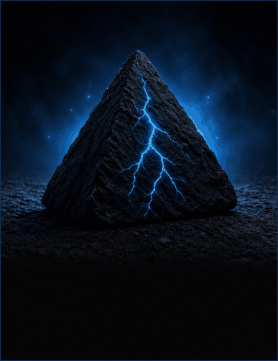 A rough dark stone pyramid split by a glowing blue crack, with a blue glow behind it