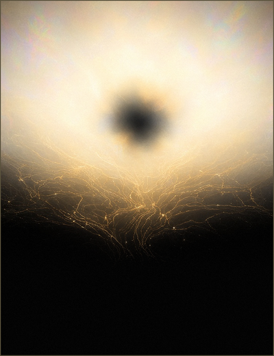 A soft dark hole in a haze of prism white-gold light, with glowing light threads spreading below into black