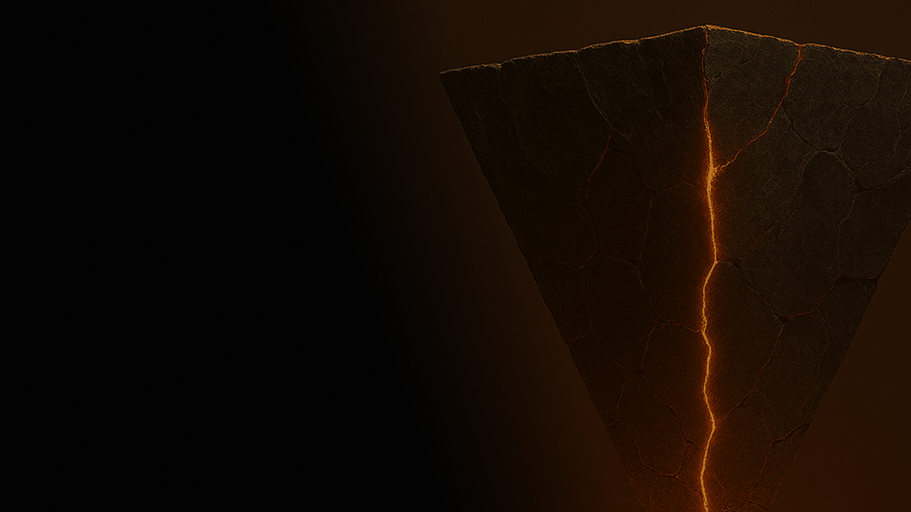 A floating inverted stone pyramid, cracked through the middle with molten orange light: balance held where it seems impossible